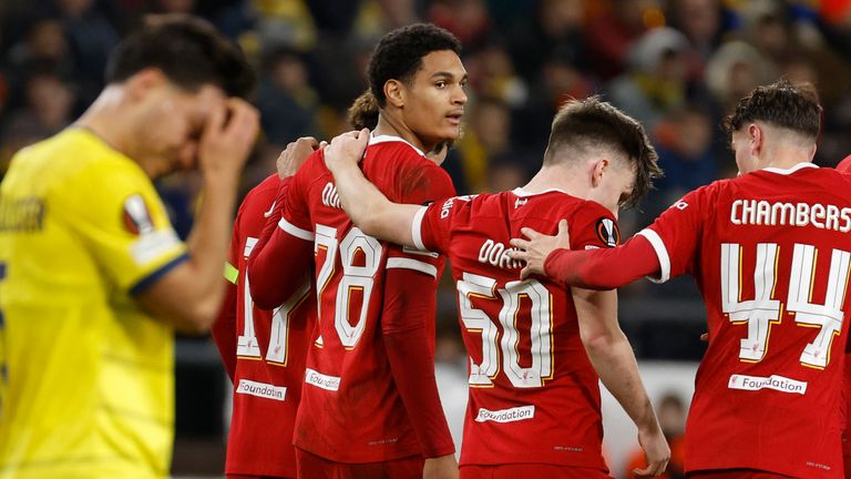 Liverpool&#39;s Jarell Quansah celebrates with his team-mates after scoring his side&#39;s first goal vs Union SG