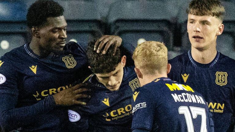 KILMARNOCK, SCOTLAND - DECEMBER 30: Dundee's Joe Shaughnessy (R) celebrates scoring to make it 2-2 with teammates (L-R) Amadou Bakayoko, Luke McCowan and Aaron Donnelly during a cinch Premiership match between Kilmarnock and Dundee at Rugby Park, on December 30, 2023, in Kilmarnock, Scotland. (Photo by Craig Brown / SNS Group)
