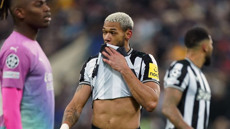 Joelinton reacts during Newcastle&#39;s Champions League game vs AC Milan