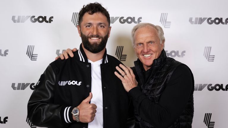 Reigning Masters champion Jon Rahm and LIV Golf Commissioner and CEO Greg Norman pose for a photo in New York (Photo by Scott Taetsch/LIV Golf via AP)