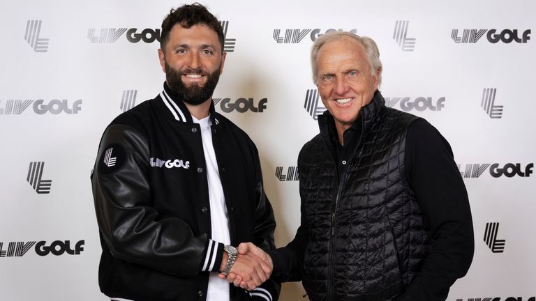Two-time major winner and the reigning Masters champion, Jon Rahm and LIV Golf Commissioner and CEO Greg Norman shake hands during a LIV Golf announcement at the Park Hyatt New York (Photo by Scott Taetsch/LIV Golf via AP)
