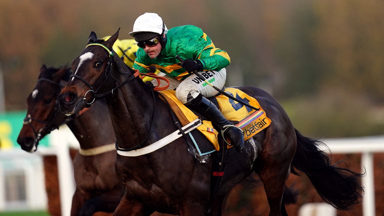 Jonbon and Nico De Boinville quicken into the lead in the Tingle Creek Chase at Sandown