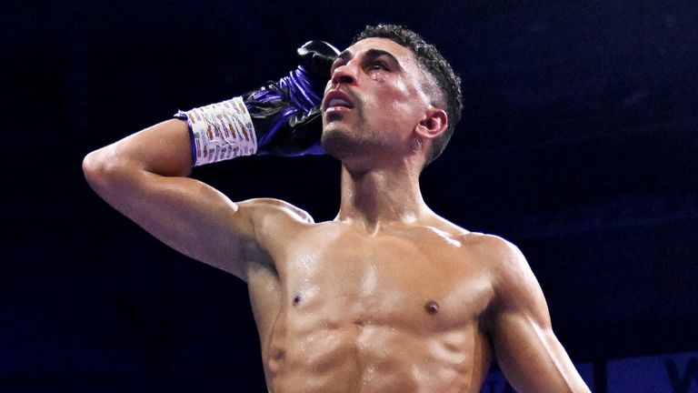 Jordan Gill celebrates after the Referee stops the fight, leading to Jordan Gill defeating Michael Conlan, during the WBA International Super Featherweight