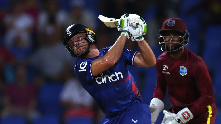 ANTIGUA, ANTIGUA AND BARBUDA - DECEMBER 06: Jos Buttler of England hits a six during the 2nd CG United One Day International match between West Indies and England at Sir Vivian Richards Stadium on December 06, 2023 in Antigua, Antigua and Barbuda. (Photo by Ashley Allen/Getty Images)
