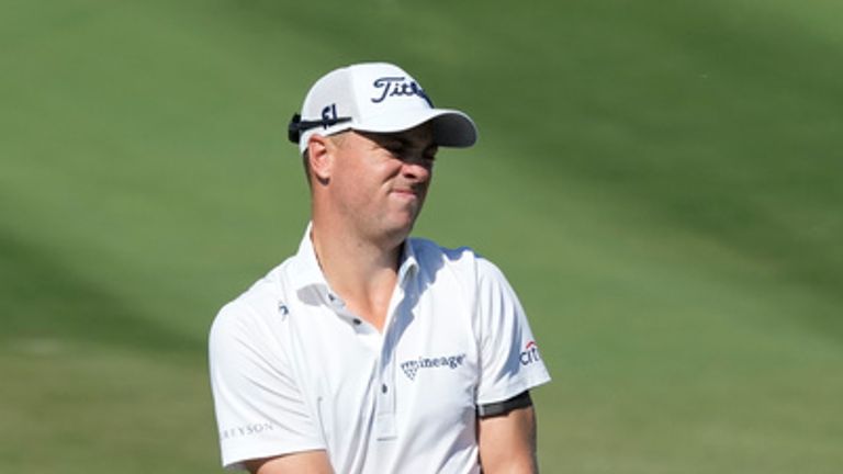Justin Thomas, of the United States, reacts to missing a birdie putt on the first green during the final round of the Hero World Challenge PGA Tour at the Albany Golf Club, in New Providence, Bahamas, Sunday, Dec. 3, 2023. (AP Photo/Fernando Llano)
