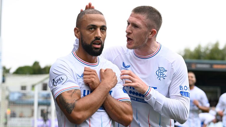 DINGWALL, SCOTLAND - AUGUST 26: Rangers' Kemar Roofe (L) celebrates making it 1-0 with John Lundstram during a cinch Premiership match between Ross County and Rangers at the Global Energy Stadium, on August 26, 2023, in Dingwall, Scotland. (Photo by Rob Casey / SNS Group)