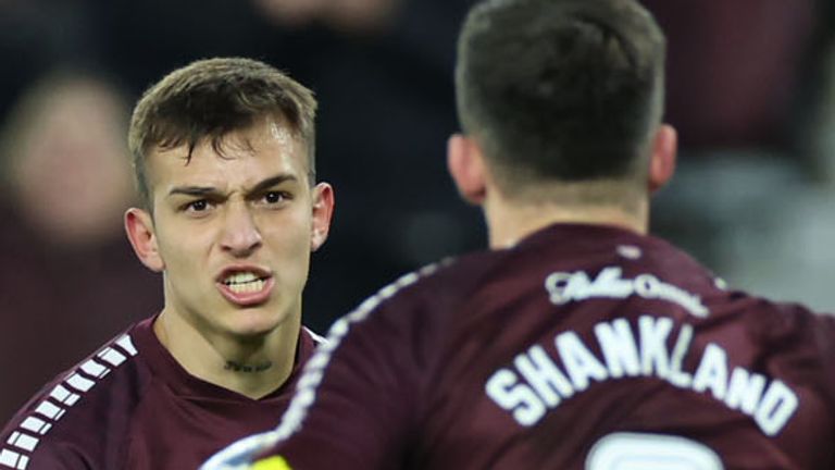 EDINBURGH, SCOTLAND - DECEMBER 30: Hearts' Kenneth Vargas celebrates with Lawrence Shankland after making it 2-1 during a cinch Premiership match between Heart of Midlothian and Ross County at Tynecastle Park, on December 30, 2023, in Edinburgh, Scotland. (Photo by Roddy Scott / SNS Group)