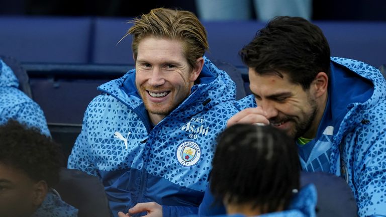 Kevin De Bruyne on the Man City substitute bench