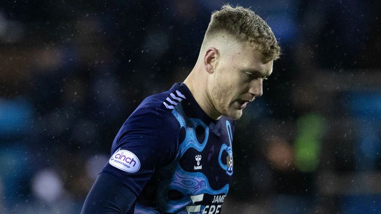 KILMARNOCK, SCOTLAND - DECEMBER 02: Kilmarnock's Will Dennis looks dejected at full time after a cinch Premiership match between Kilmarnock and Heart of Midlothian at Rugby Park, on December 02, 2023, in Kilmarnock, Scotland. (Photo by Alan Harvey / SNS Group)