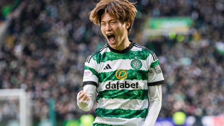 Celtic's Kyogo Furuhashi celebrates after making it 2-0