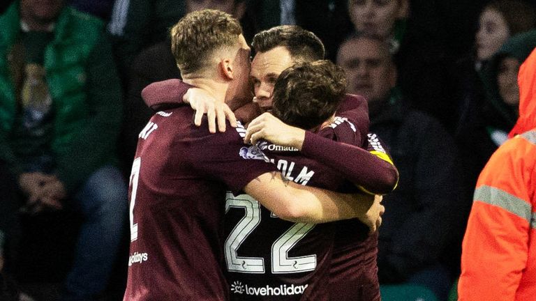Hearts' Lawrence Shankland celebrates after scoring to make it 1-0
