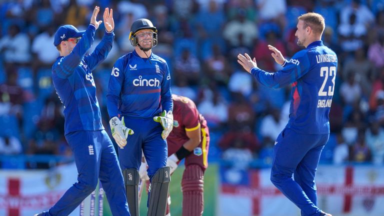England's Liam Livingstone celebrates the dismissal of West Indies' Brandon King during the first ODI cricket