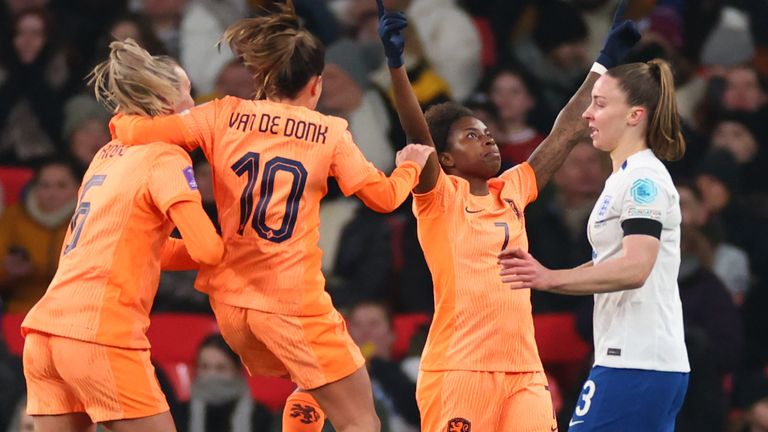 Lineth Beerensteyn celebrates scoring for Netherlands vs England at Wembley