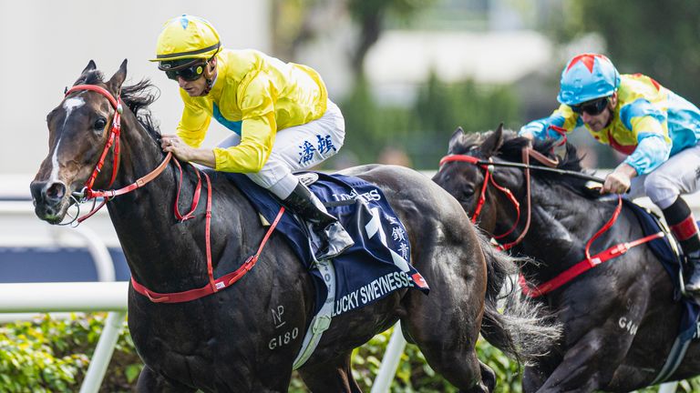 December 10, 2023, Sha Tin, Hong Kong, USA: Lucky Sweynesse (1) ridden by Zac Purton wins the Longines Hong Kong Sprint (Group 1) at Sha Tin Racecourse in Sha Tin, Hong Kong on December 10, 2023. Kaz Ishida/Eclipse Sportswire/CSM(Credit Image: .. Kaz Ishida/Eclipse Sportswire/Cal Sport Media/Cal Sport Media) (Cal Sport Media via AP Images)