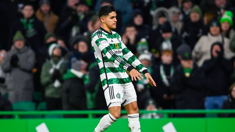 GLASGOW, SCOTLAND - DECEMBER 06: Celtic's Luis Palma celebrates after making it 3-0 during a cinch Premiership match between Celtic and Hibernian at Celtic Park, on December 06, 2023, in Glasgow, Scotland. (Photo by Rob Casey / SNS Group)