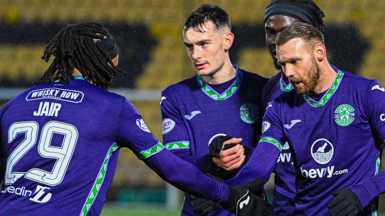 LIVINGSTON, SCOTLAND - DECEMBER 09: Hibernian's Martin Boyle (R) celebrates after scoring to make it 1-0 during a cinch Premiership match between Livingston and Hibernian at the Tony Macaroni Arena, on December 09, 2023, in Livingston, Scotland. (Photo by Paul Devlin / SNS Group)