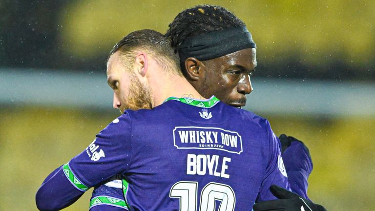 Hibernian's Martin Boyle celebrates after scoring to make it 1-0 at Livingston