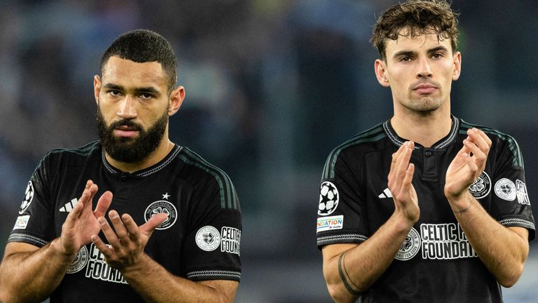 ROME, ITALY - NOVEMBER 28: Celtic's Cameron Carter-Vickers (L) and Matt O'Riley look dejected at full time during a UEFA Champions League group stage match between S.S. Lazio and Celtic at Stadio Olimpico, on November 28, 2023, in Rome, Italy.  (Photo by Craig Foy / SNS Group)