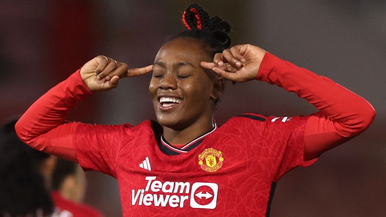 Melvine Malard celebrates her second goal in Man Utd's 4-0 win at Tottenham