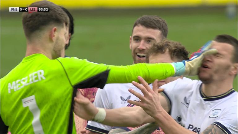 Leeds United goalkeeper Illan Meslier received a red card for a push on Preston&#39;s Milutin Osmajic.