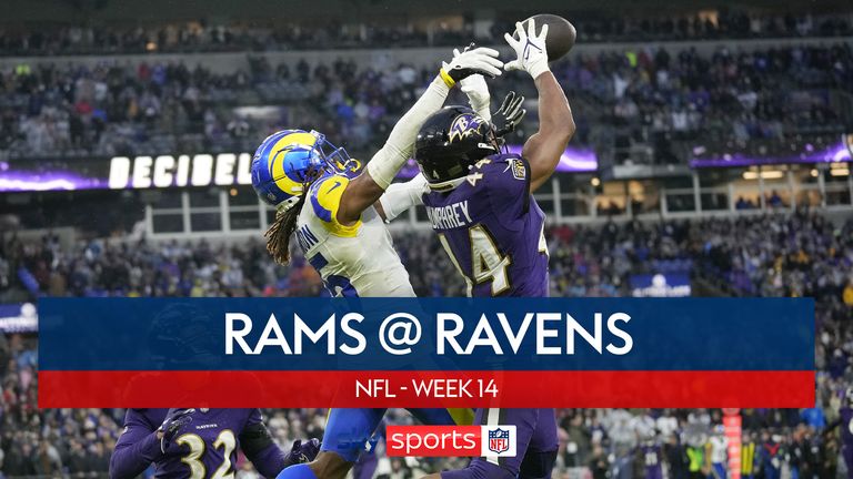 Baltimore Ravens cornerback Marlon Humphrey, right, defends a pass intended for Los Angeles Rams wide receiver Demarcus Robinson, center, as Ravens safety Marcus Williams (32) looks on during the second half of an NFL football game Sunday, Dec. 10, 2023, in Baltimore.