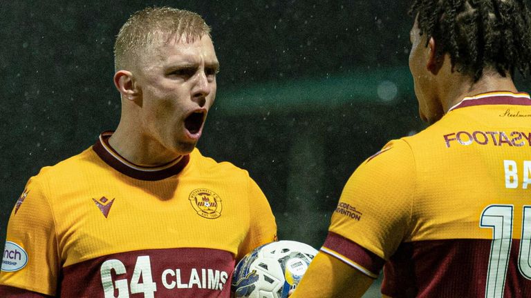 MOTHERWELL, SCOTLAND - DECEMBER 09: Motherwell's Mika Biereth celebrates scoring to make it 1-1 during a cinch Premiership match between Motherwell and St Johnstone at Fir Park, on December 09, 2023, in Motherwell, Scotland. (Photo by Craig Foy / SNS Group)