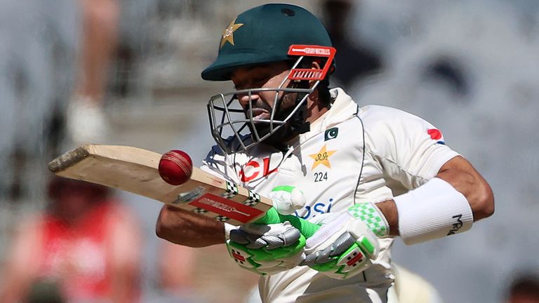Pakistan&#39;s Mohammad Rizwan bats against Australia during the fourth day of their cricket test match in Melbourne, Friday, Dec. 29, 2023. (AP Photo/Asanka Brendon Ratnayake)