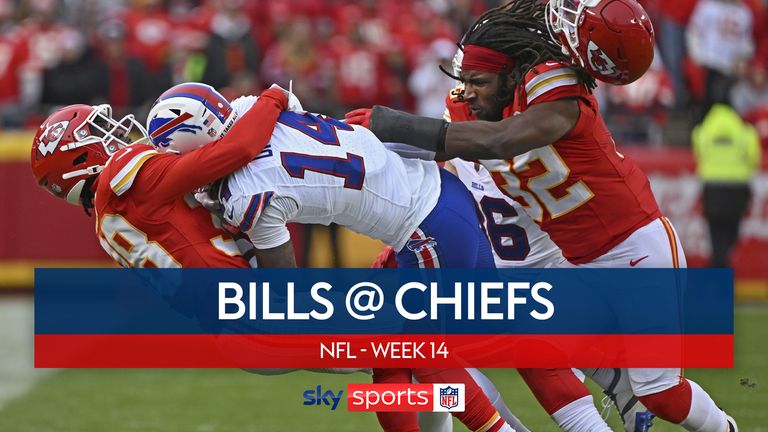 Kansas City Chiefs cornerback L&#39;Jarius Sneed (38) and linebacker Nick Bolton (32) tackle Buffalo Bills wide receiver Stefon Diggs (14)during an NFL football game against the Sunday, Dec. 10, 2023, in Kansas City, Mo.