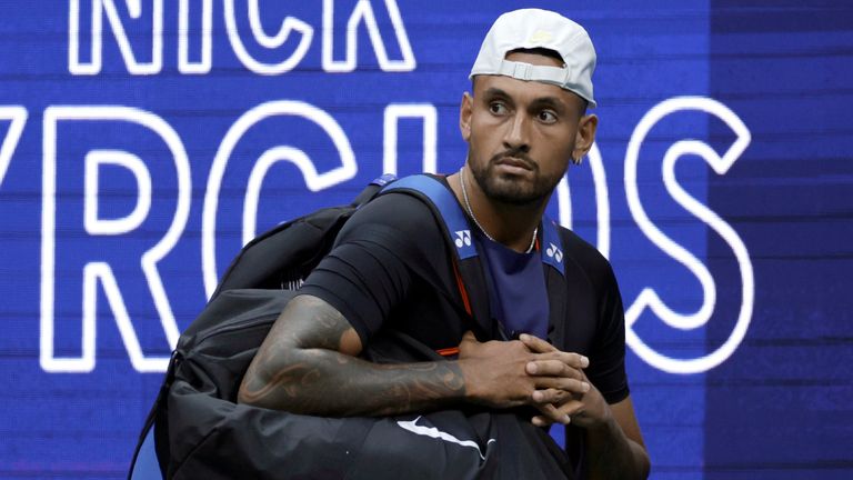 Nick Kyrgios, of Australia, arrives to play Daniil Medvedev, of Russia, during the fourth round of the U.S. Open tennis championships, Sunday, Sept. 4, 2022, in New York. Kyrgios pulled out of the U.S. Open on Thursday, Aug. 10, 2023, meaning he will have missed all four Grand Slam tournaments the year after reaching his first major final. (AP Photo/Adam Hunger, File)