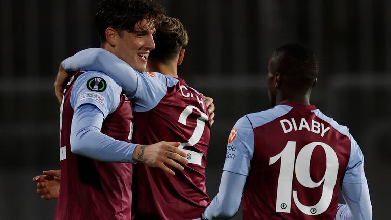 Aston Villa's Nicolo Zaniolo, left, celebrates after scoring his side's opening goal vs Zrinjski Mostar