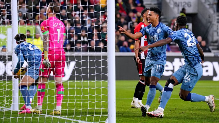 Ollie Watkins celebrates after his goal gives Villa the lead at Brentford