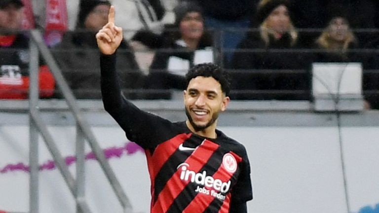 Omar Marmoush celebrates after scoring Eintracht Frankfurt&#39;s goal