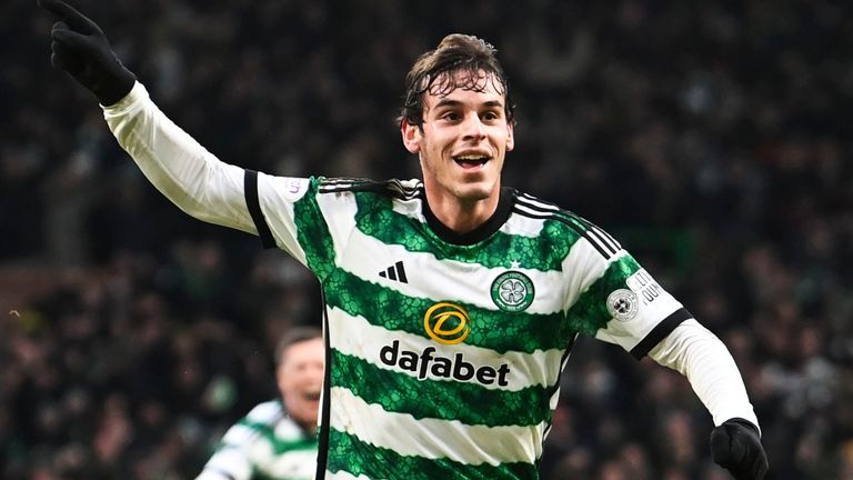 GLASGOW, SCOTLAND - DECEMBER 30: Celtic...s Paulo Bernardo celebrates after scoring to make it 1-0 Celtic during a cinch Premiership match between Celtic and Rangers at Celtic Park, on December 30, 2023, in Glasgow, Scotland. (Photo by Rob Casey / SNS Group)