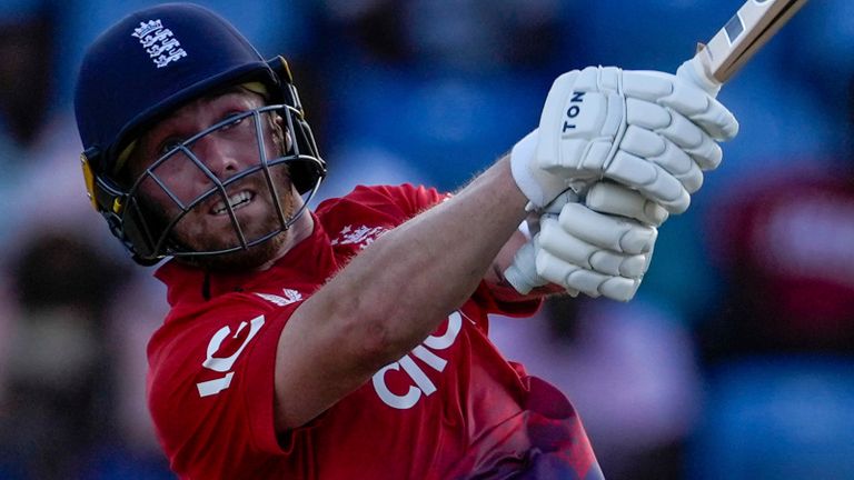 England's Phil Salt hits a six during the win against West Indies in third T20 international (Associated Press)