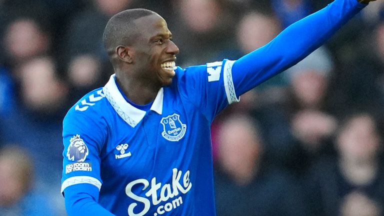 Abdoulaye Doucoure celebrates after putting Everton ahead against Chelsea