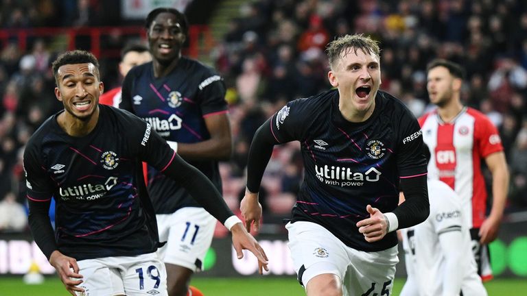 Alfie Doughty celebrates after giving Luton a first-half lead at Sheffield United