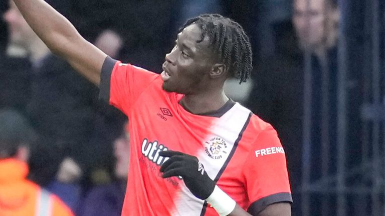 Elijah Adebayo celebrates after giving Luton Town a first-half lead against Manchester City