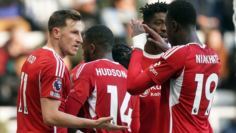 Chris Wood is congratulated by his Nottingham Forest team-mates after scoring at St James' Park