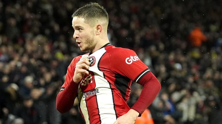 James McAtee celebrates after giving Sheffield United a first-half lead against Brentford