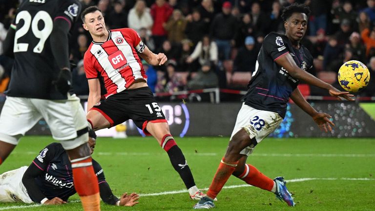 Anel Ahmedhodzic scores to give Sheffield United a 2-1 lead over Luton