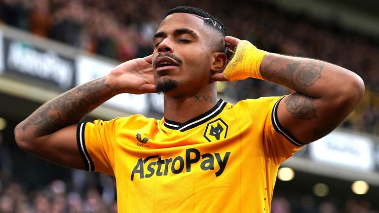 Mario Lemina celebrates after giving Wolves a second-half lead against Chelsea