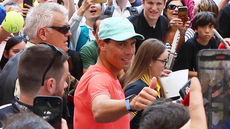 Rafael Nadal of Spain makes a public appearance in the Queen Street Mall ahead of the Brisbane International tennis tournament in Brisbane, Australia, Friday, Dec. 29, 2023. (AP Photo/Tertius Pickard)