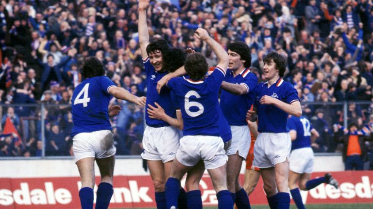 Colin Jackson (3rd left) is congratulated after scoring the winner for Rangers in the 1979 League Cup final