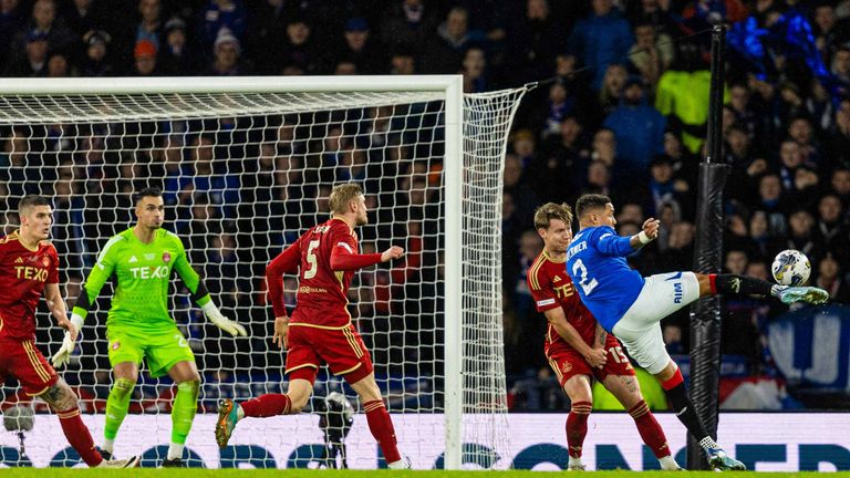 GLASGOW, SCOTLAND - DECEMBER 17: Rangers&#39; James Tavernier scores to make it 1-0 during the Viaplay Cup Final match between Rangers and Aberdeen at Hampden Park, on December 17, 2023, in Glasgow, Scotland.  (Photo by Ross Parker / SNS Group)
