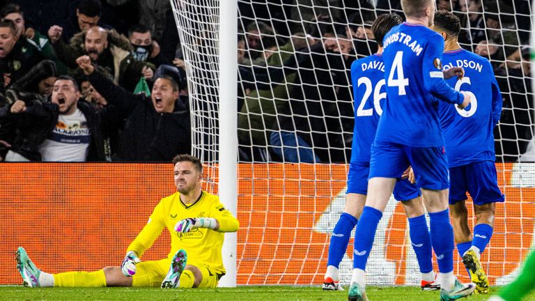 SEVILLE, SPAIN - DECEMBER 14: Rangers' Jack Butland looks dejected as he concedes a goal from Betis' Juan Miranda to make it 1-1 during a UEFA Europa League match between Real Betis and Rangers at Estadio Benito Villamarin, on December 14, 2023, in Seville, Scotland. (Photo by Alan Harvey / SNS Group)