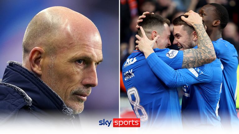 Left image: Rangers manager Philippe Clement during the UEFA Europa League Group C match at the Ibrox Stadium; Right image: Rangers&#39; Scott Wright celebrates with teammates after scoring their sides second goal during during the Viaplay Cup semi-final match at Hampden Park, Glasgow