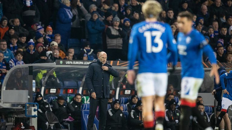 GLASGOW, SCOTLAND - NOVEMBER 30: Rangers manager Philippe Clement watches Todd Cantwell leave the pitch after he is substituted in the first half  during a UEFA Europa League group stage match between Rangers and Aris Limassol at Ibrox Stadium, on November 30, 2023, in Glasgow, Scotland. (Photo by Alan Harvey / SNS Group)