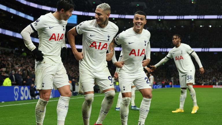 Richarlison, Heung-Min Son and Pedro Porro celebrate Tottenham's third goal, scored by the Brazilian, with a choreographed dance routine