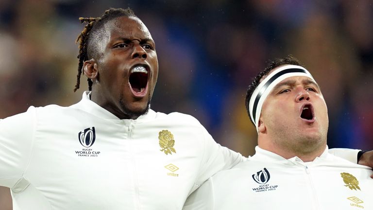 Maro Itoje, and Jamie George sing their national anthem ahead of the Rugby World Cup 2023 semi final 