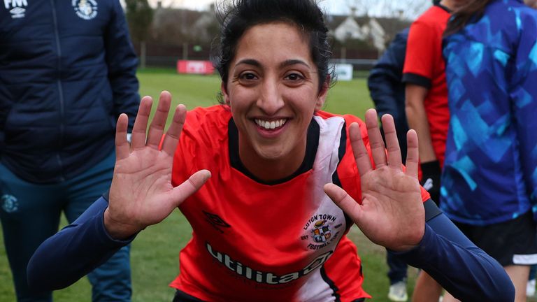Sam Khan celebrates after her goal earned Luton Town Ladies a place in the Women's FA Cup fourth round